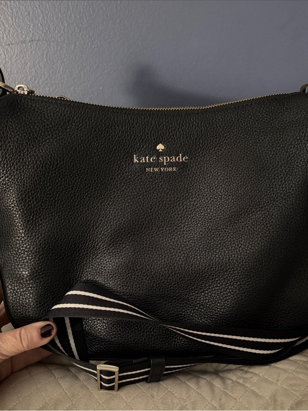 kate spade Black Pebbled Leather Shoulder Bag with Striped Strap